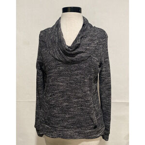Bench Womens Medium Cowl Neck Sweater Black White Marl Knit Pullover Snap Pocket